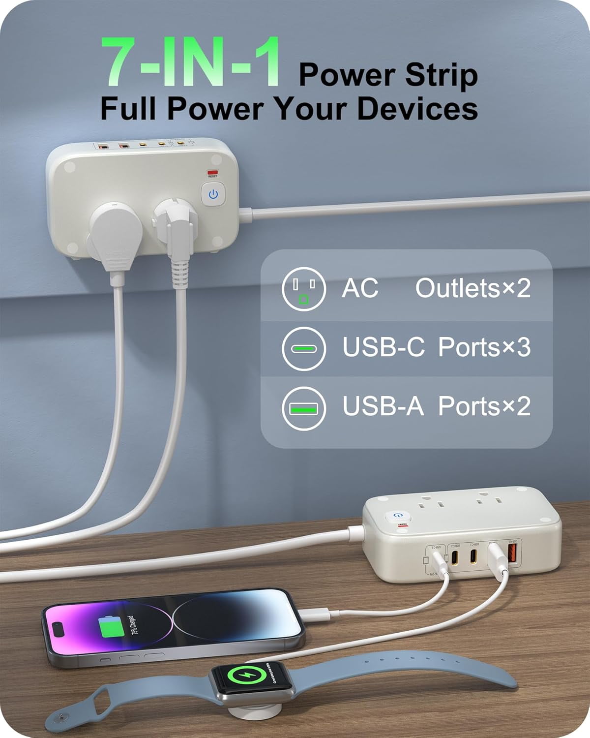 Power Strip with USB Ports, 20W USB C Fast Charging Station, 6FT Flat Extension Cord, 2 AC Outlets, 2 USB-A, 3 USB-C Ports for Multiple Devices (White)