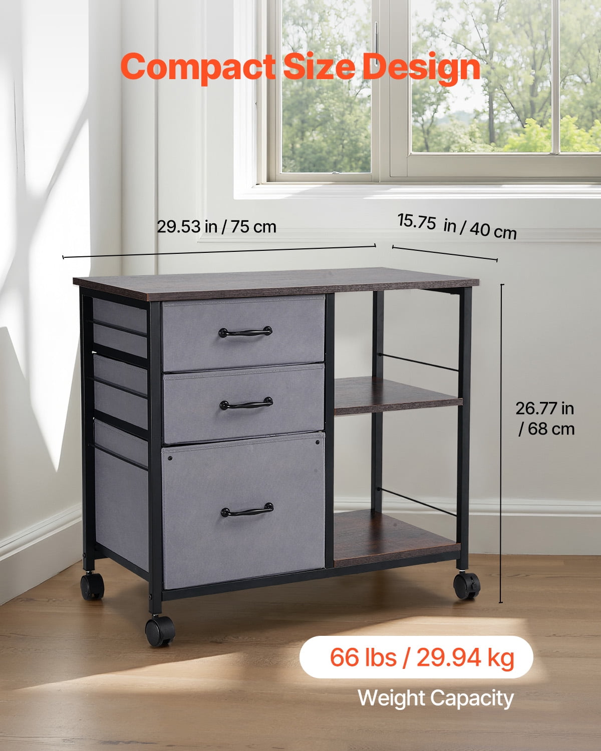 VEVOR Metal File Cabinet, Mobile Filing Cabinet with 3 Fabric Drawers and 2 Open Shelves, Wooden Vertical Filing Storage Cabinets with Wheels for Letter, A4, Legal Size File, Easy Assembly, Brown