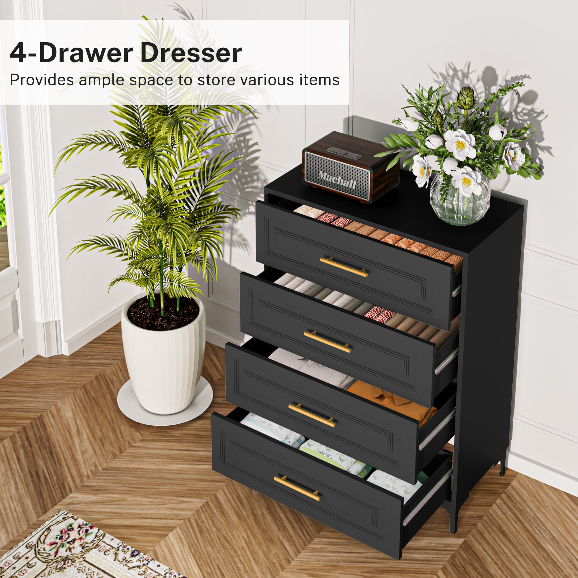 Foreate 4-Tier Steel Dresser for Bedroom | 43in Green Metal Storage Cabinet (420lbs Capacity) | Easy Assembly | Modern Black Dresser for Bedroom, Office & Nursery