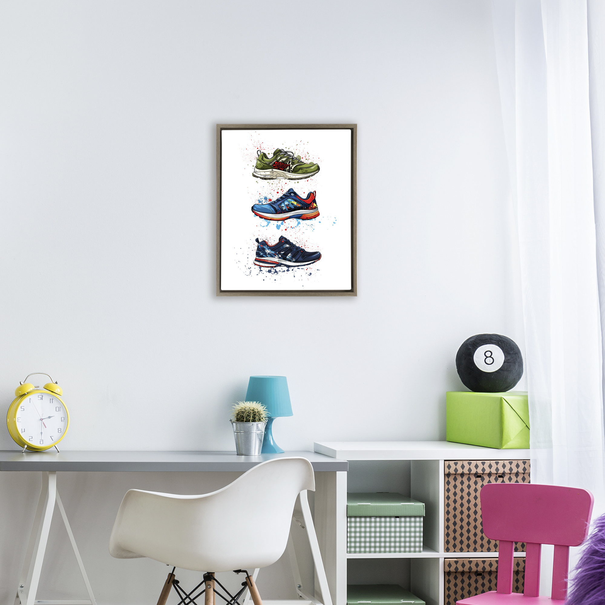 Modern Spray Sneakers Brown Framed Floater Canvas Wall Art, design by Christine Simpson Art