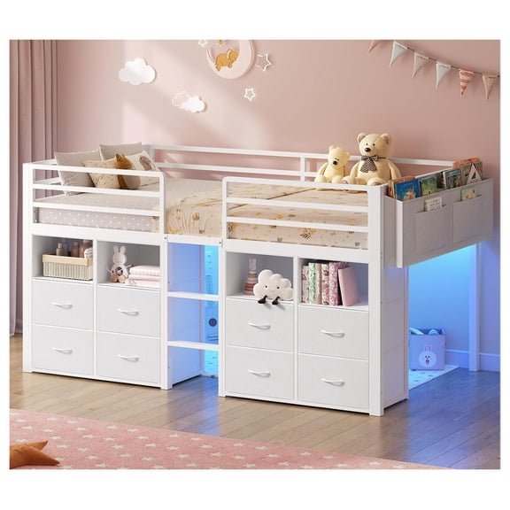 Low Loft Bed Twin Size with 8 Storage Drawers for , White