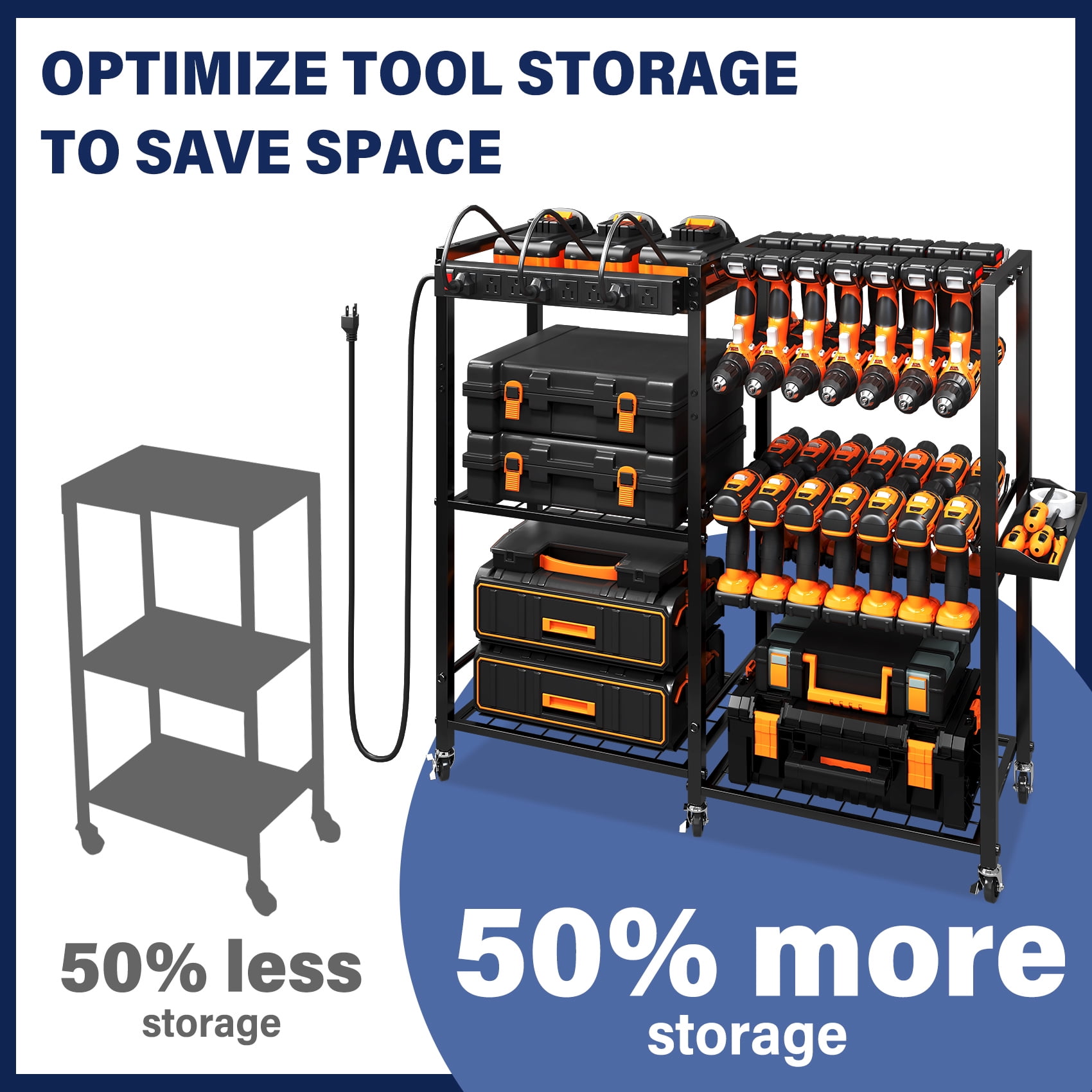 TC-HOMENY Movable Power Tool Organizer Cart w/ 8 Outlets Charging Station, 28 Power Drill Tool Garage Battery Storage Rack, Heavy Duty 3-Tier Tools Organizer, Festive Gifts for Men Dads Father