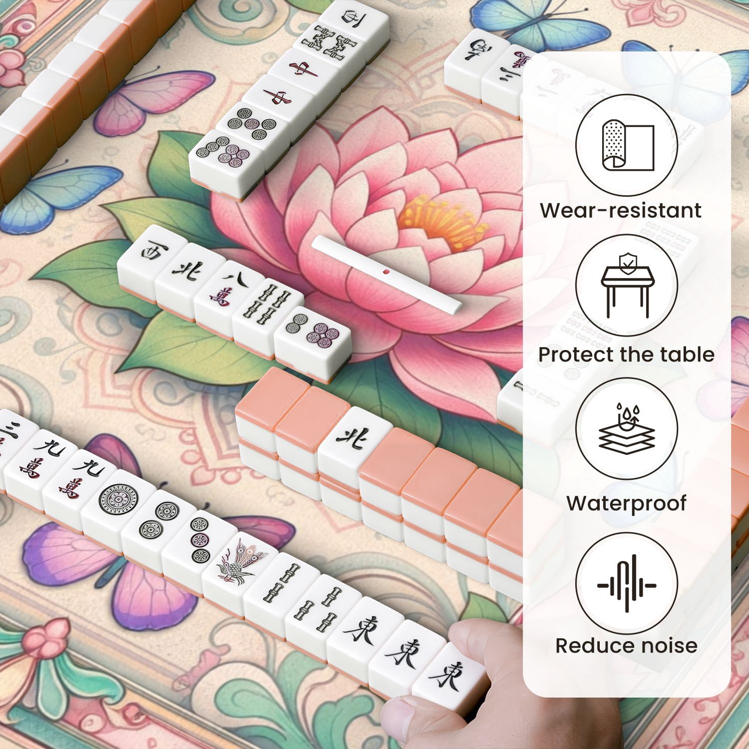 Mahjong Mat 31.5" x 31.5" Lotus Flower Butterflies Soft Pastel Colors Vintage Floral Non-Slip Noise Reduction Mahjong Tiles Table Cover for Dominoes Poker Card Board and Tile Games