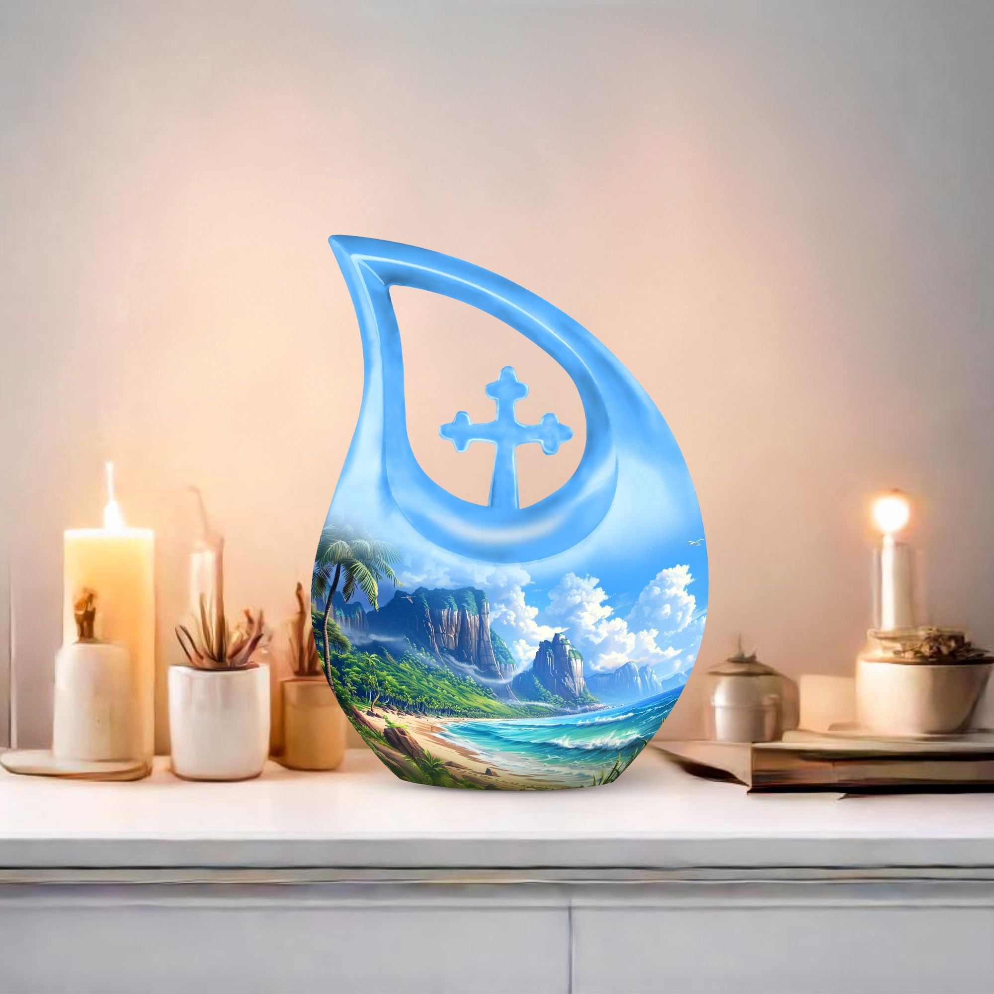 MUKTIVE Combo Sets (1 Large 10 ", 4 Keepsake 3 ") Beach,themed Cremation Urn for Human Ashes, Decorative Funeral & Burial Urn for Adults, Memorial Gift for Grandfather & Grandmother