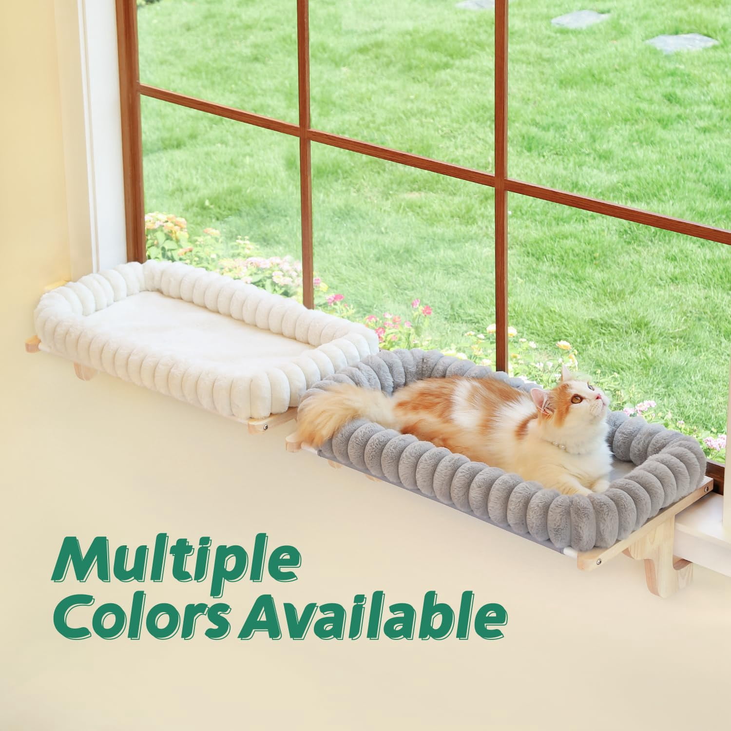 Snugcloud Cat Window Perch With 4-sided Bolster - Hammock For Sill Solid Hardwood & Metal Frame Seat Pets (natural Color Wood W/brown Bed  Medium)