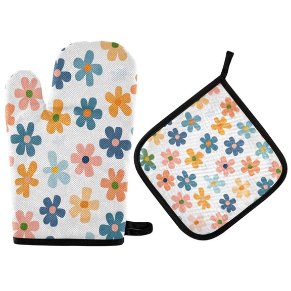 Yayeee Oven Mitts and Pot Holder Set of 2 Heat Resistant Kitchen Gloves Baking Hot Pad, Colorful Flowers