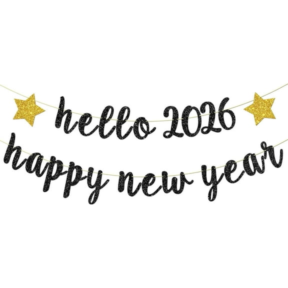 Hello 2026 Banner, Home Office Celebrations Party Decorations Happy New Year Party Hanging Sign New Year's Eve Bunting Supplies Black Glitter