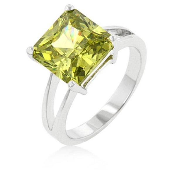 Bague Solitaire en Cristal Péridot Taille Princesse en Rhodium. - Taille 6