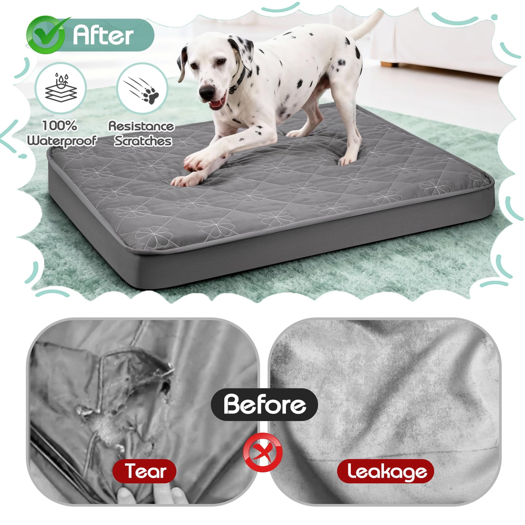 Waterproof dog bed cover replacement, washable fitted sheet with elastic band, ultra soft noiseless quilted pet bed liner for dogs cats, fits 35x44 inch beds, grey
