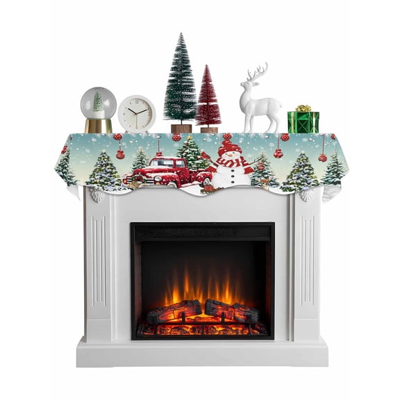 Teal Christmas Mantel Scarf Fireplace Decorations for Living Room, Xmas Snowman Truck Tree Balls Fireplace Mantel Scarf Cover Runner for Halloween/Thanksgiving/Christmas Decor 90"x17"