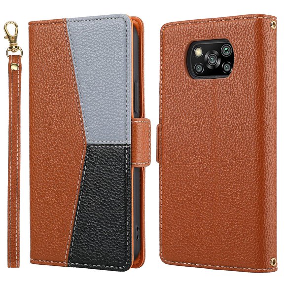 T Gift Of Splicing Design Litchi Texture Leather Shockproof Wallet Stand Flip Cover With Strap compatible Xiaomi Poco X3 Nfc / Poco X3 / Poco X3 Pro - Black