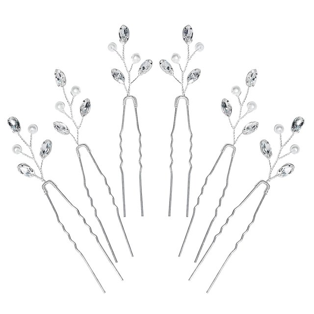 Horquillas de cristal para novia, horquillas en forma de U para boda, accesorios para el cabello con diamantes de imitación, horquillas de flores plateadas para novia