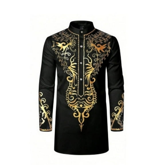 Hpapadks Shirts for Men Long Sleeve African Hot Gold Print Button Down Blouses Mens Dress Shirt Black L