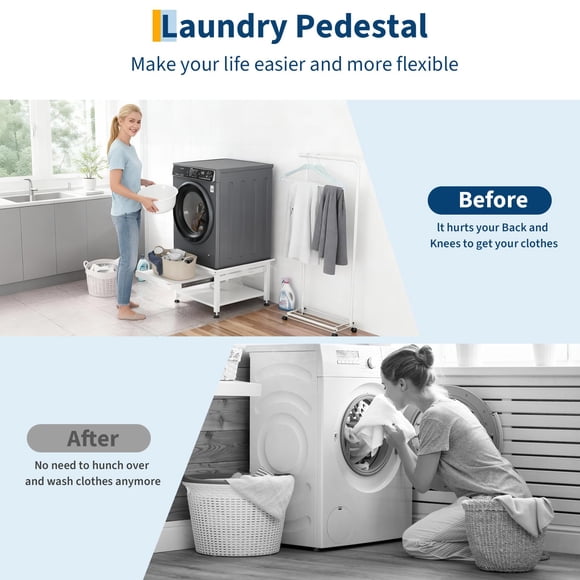 Piédestal de Lessive Robuste pour Laveuse et Sécheuse – Étagère de Rangement Autoportante en Métal avec Tablette Coulissante, Patins Antivibrations Ajustables Capacité de 800 à 1000 Lb – Blanc, 24x24x21 Po