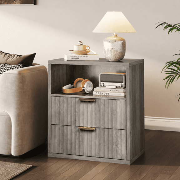 GALAXHERO 2 Drawers Nightstand, Mid Century Bedside Tbale for Bedroom, Fluted End Table with Open Shelf for Living Room, Greige