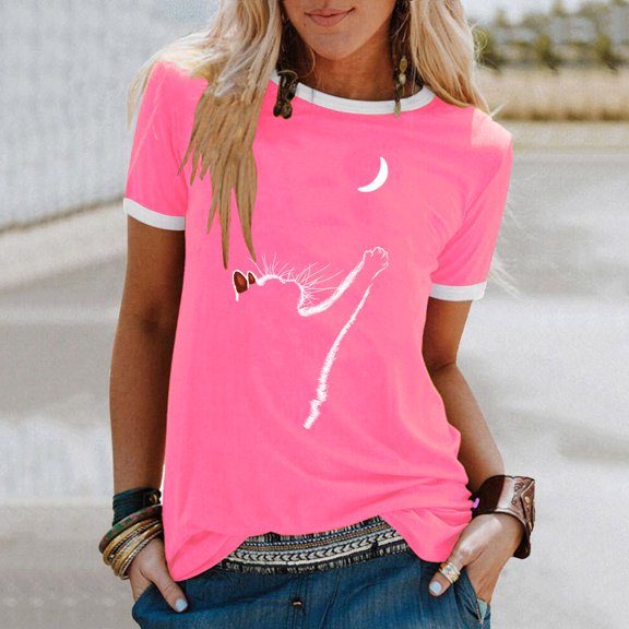 Honeeladyy Women's New Fashion Cat Print Casual Short Sleeve Top T-shirt womens tops plus size