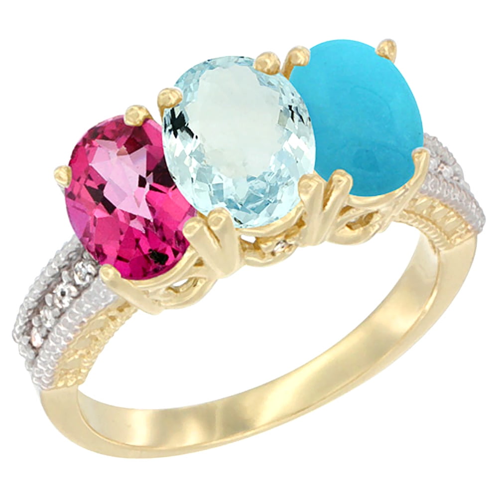 14K Yellow Gold Natural Pink Topaz, Aquamarine & Turquoise Ring 3-Stone 7x5 mm Oval Diamond Accent, sizes 5 10 by WorldJewels