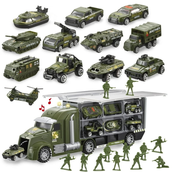 Joyfy 25 in 1 Die-cast Military Army Play Vehicle Set, Vehicles with Sounds and Lights in Carrier Truck, Push and Go Car Toy, Kids Christmas Birthday Gifts for 3 4 5 6 Years Old Boys
