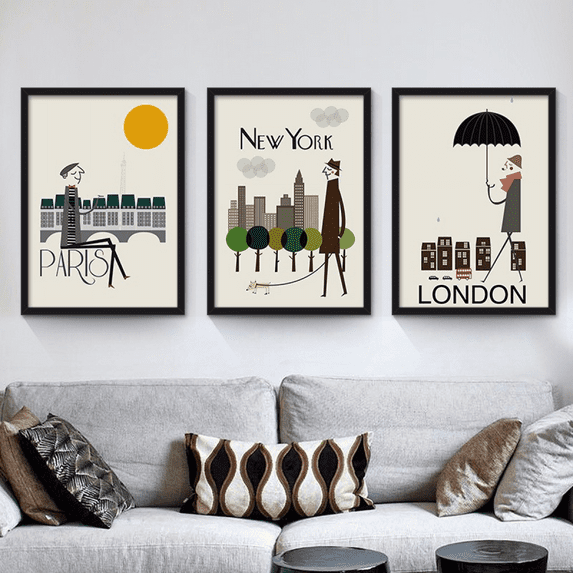 Wekity Minimalist City Scenery 4 Wall Art Canvas Print Poster, Simple Fashion Watercolor Art Drawing Decor for Home Living Room Bedroom Office and Children's Room (Set of 3 Unframed, 12''x16'')