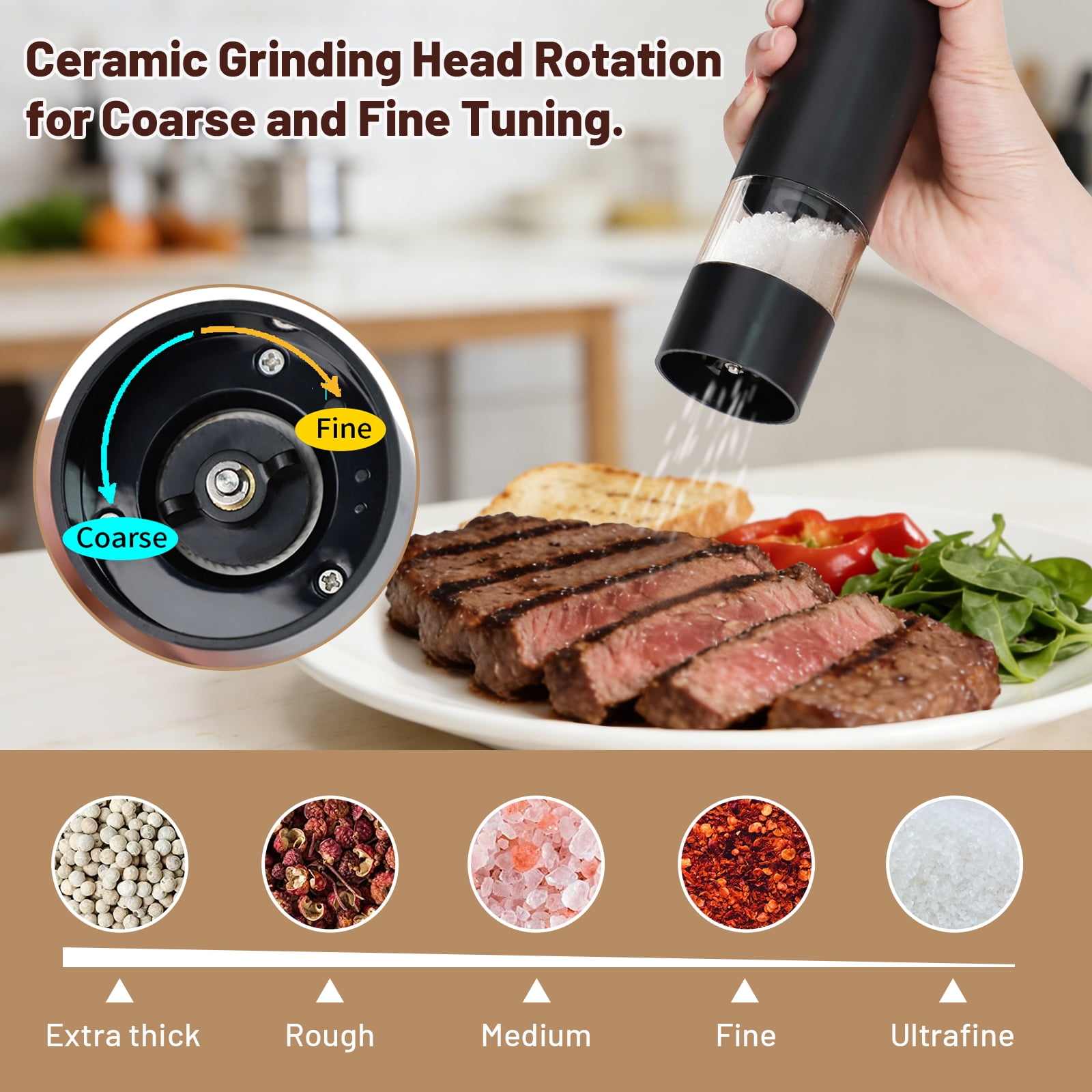 Adjustable Electric Spice Grinder Set (2-Pack) - Ceramic Core, Type-C Rechargeable, 5 Grind Settings for Home Cooking & Gifting
