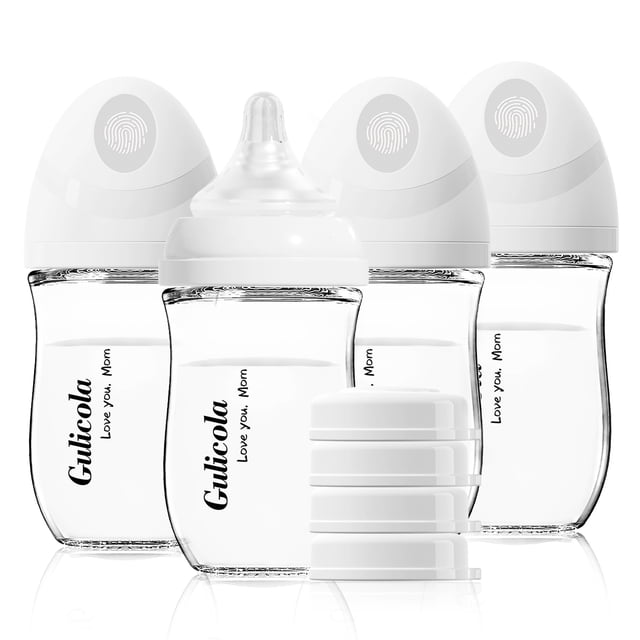 Gulicola Botellas de Vidrio Natural para Bebé 4 Piezas, Set de Lactancia Neonatal, Tetinas Flujo Extra Lento (SS), Anti Clicos, 0 Meses+, 5 oz - Blanco