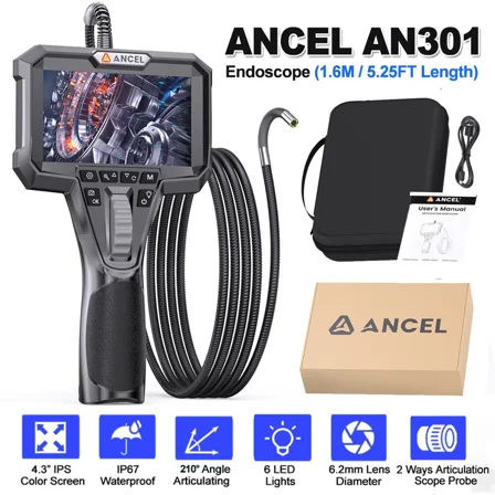 ANCEL AN301 Endoscope 6.2MM Two-Way Articulating Borescope HD Endoscope with 6 LED Lights Car Inspection Tools