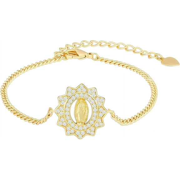 18K Gold Chain Bracelet Cubic Zirconia Cuban Chain Adjustable Bracelet for Women Our Lady of Guadalupe Virgin Mary Jewelry Silver Plated Bracelets
