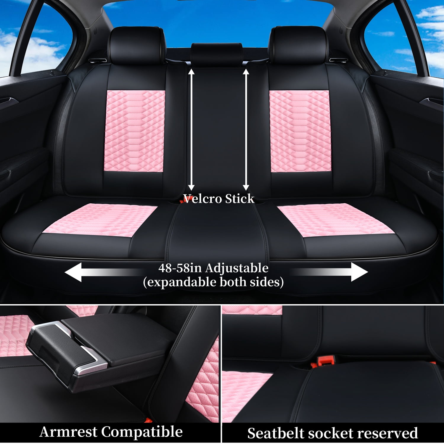 Coverado Pink Car Seat Covers Full Set for Women, 5 Seats Leather&Fabric Breathable Front and Back Auto Protectors, Universal Car Interior Cushions Fit Most Sedans SUV Pickup Trucks