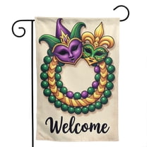 Mardi Gras Mask Wreath Garden Flag, with Welcome Text, Polyester, for Party Venues, 12.5 x 18 Inch