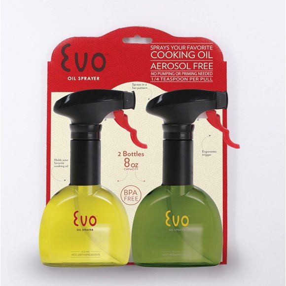 Evo Oil Sprayer Bottle, Non-Aerosol for Olive cooking Oils, 8-ounce capacity, Set of 2, green and Yellow