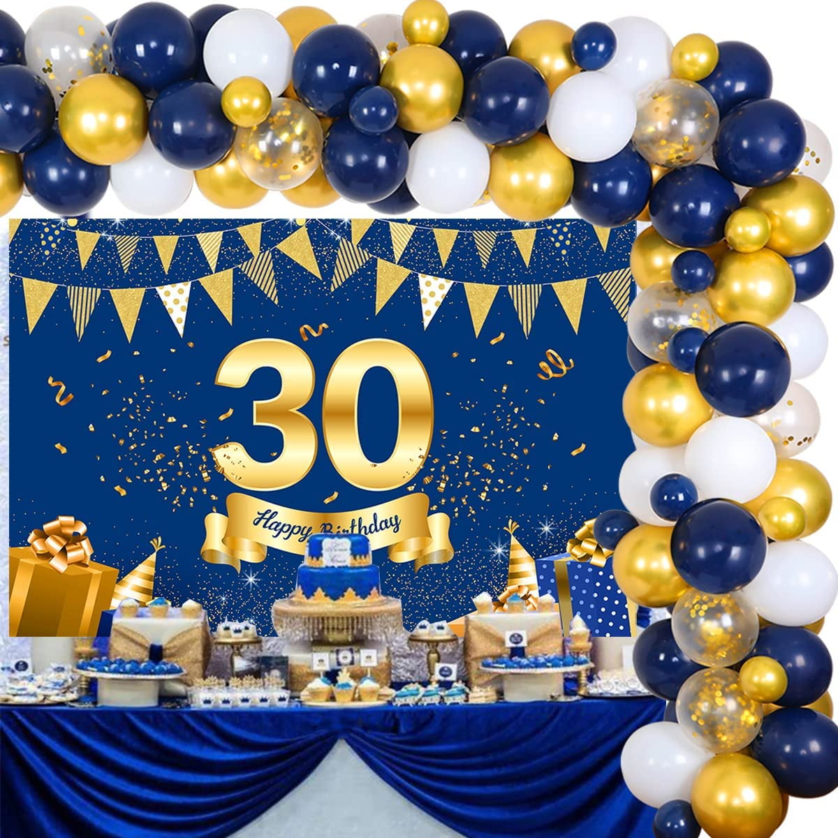 30th Birthday Decorations for Him or Her Navy Blue and Gold Balloon