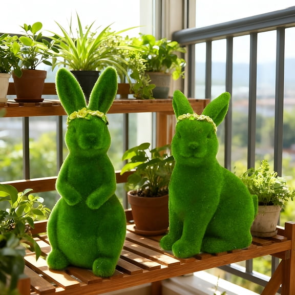 XIBUFE 2026 New Easter Bunny Figurines,Resin Moss Rabbit Statues Easter Decorations,Flocked Bunny Easter Ornaments for Home Spring Tabletop Outdoor,4.3"
