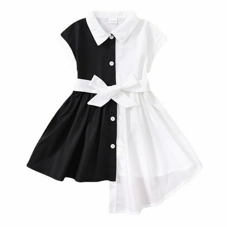 

Girls Dress Color Matching Sleeveless Irregular Black White For Children Princess Dresses 3-4Years