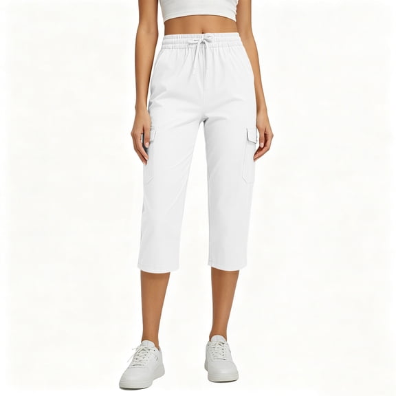Lenpel Hiking Cargo Capri Pants for Women Tapered Drawstring Elastic Waist Cropped Trousers Lightweight Solid Color Capris with Pockets