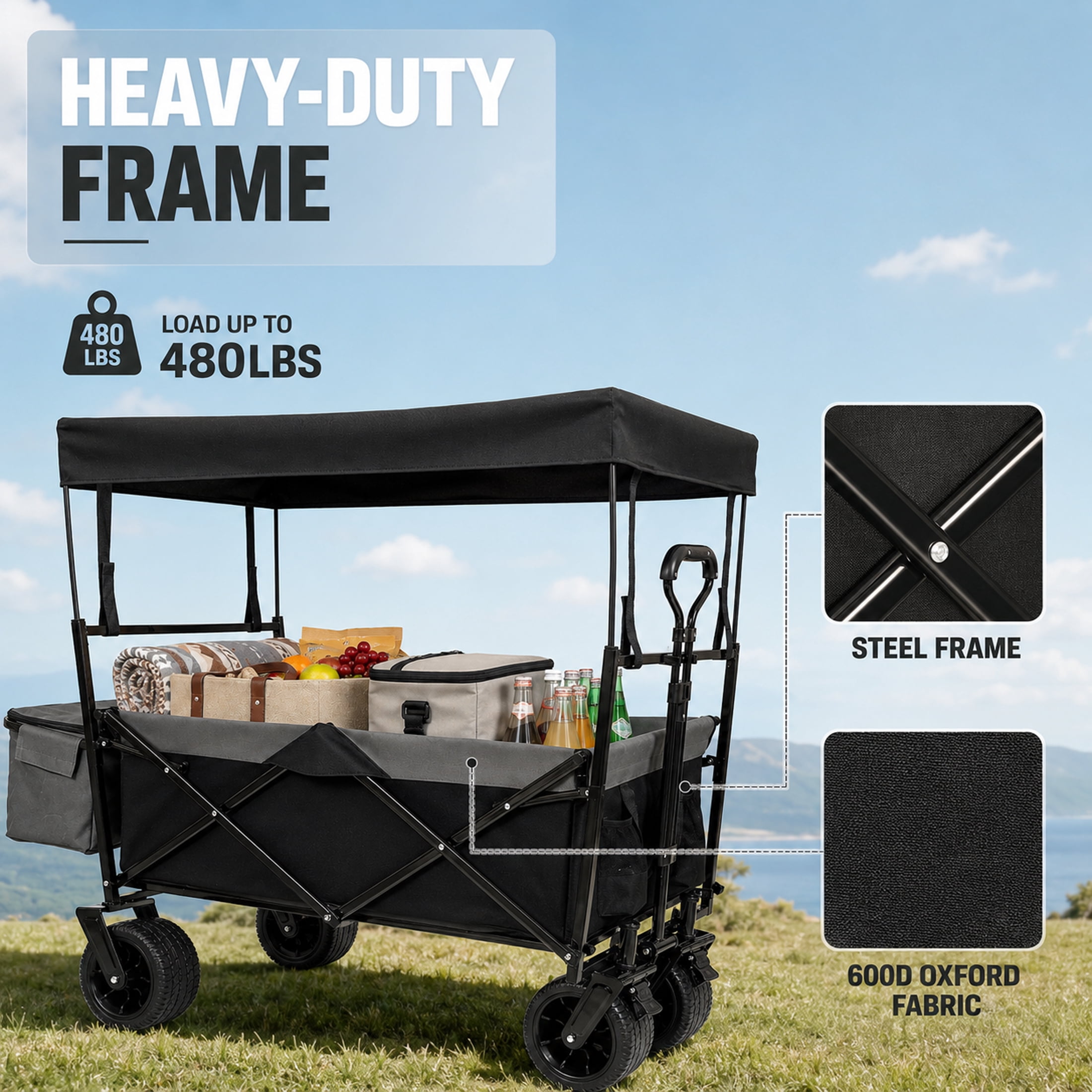 Heavy Duty Folding Wagon with Canopy, 480 lbs Collapsible Wagon Stroller with Mosquito Net, 7"x4" All-Terrain Wheels for Camping, Garden, Black