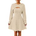 thumbnail image 7 of CharmCyan Women’s Ribbed Knit Long Sleeve Hooded Dress with Cutout Detail and Flared Skirt Casual Pullover Style Comfortable Fit Beige L, 7 of 7