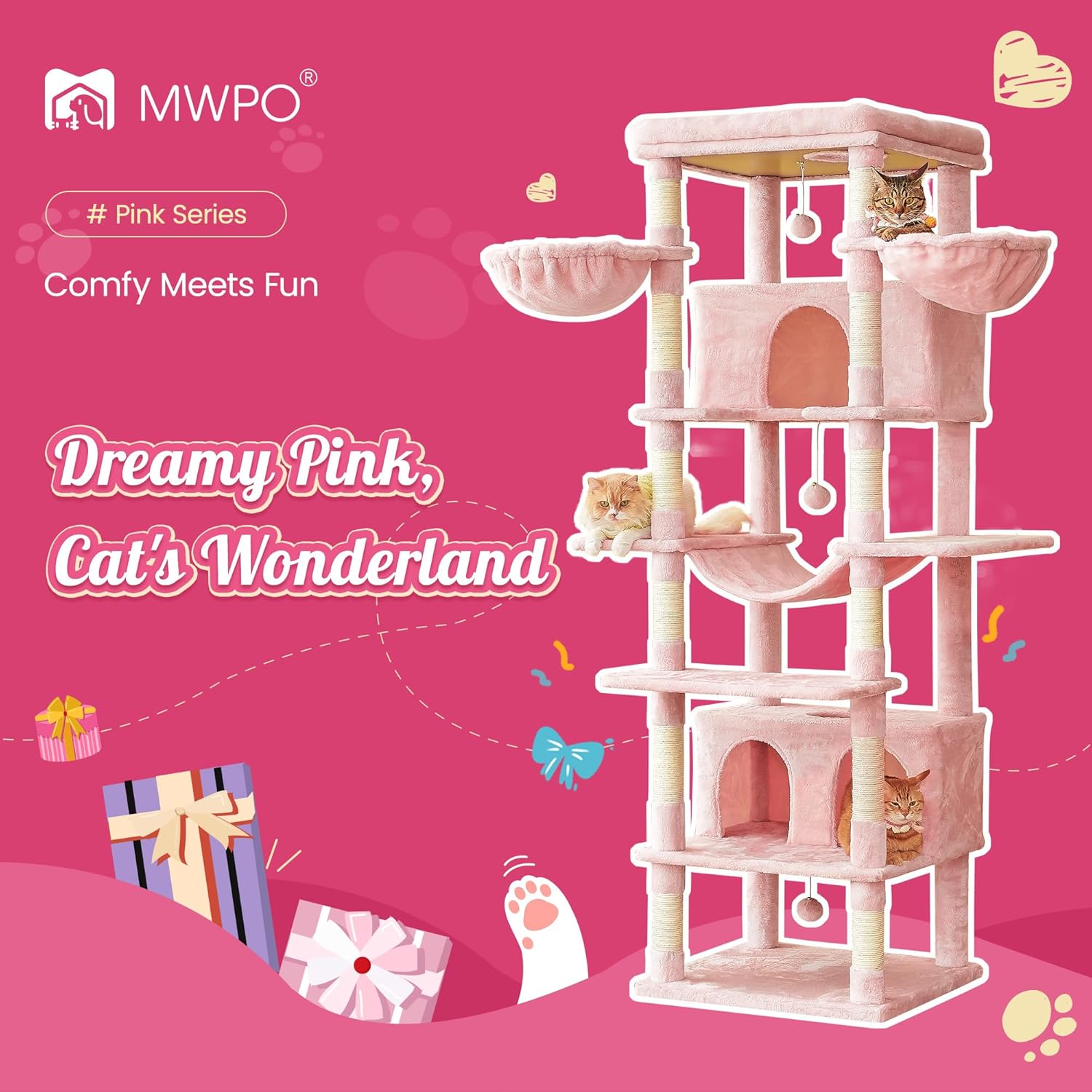 WSWJY Pink Extra Large Cat Tree, 77.6-Inch Tall Cat Tower for Indoor Cats with 2 Condos, Multi-Level Cat Stand for Large Cats, 3 Hammocks, Wide Perch, Scratching Posts, Dangling Toys