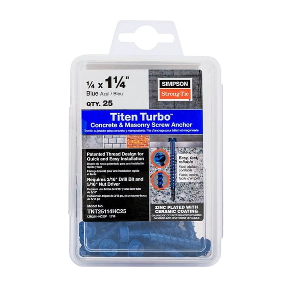 Simpson Strong-Tie Titen Turbo TNT25114HC25 Screw Anchor, 1/4 in Dia, 1-1/4 in L, Carbon Steel, Zinc Plated