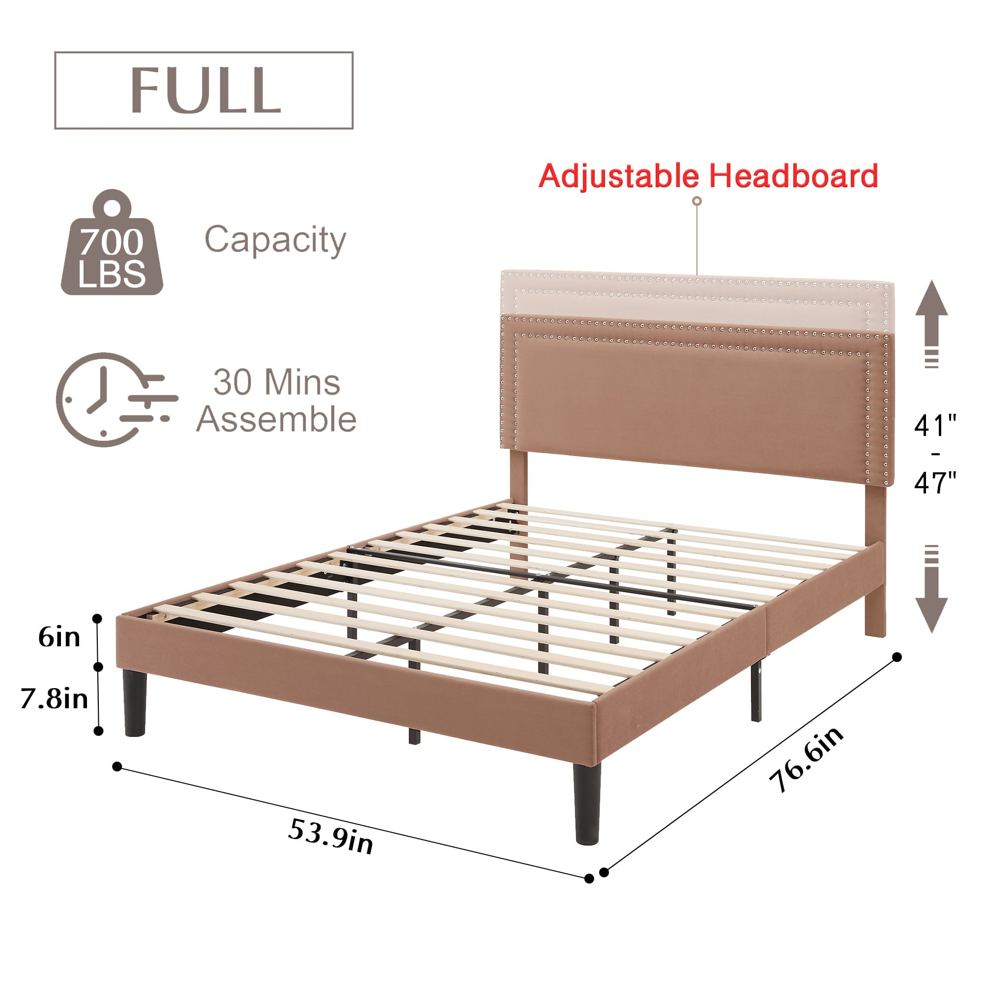 VECELO Full Size Platform Bed Frame, Modern Upholstered Bed Frame with Adjustable Height & Nailhead Trim Headboard, No Box Spring Needed, Easy Assembly, Coffee