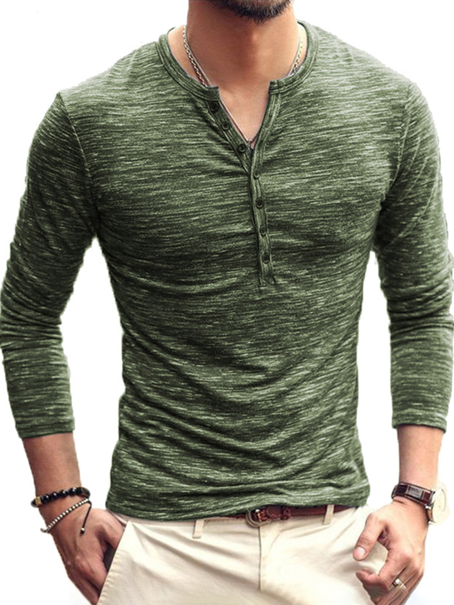 Allonly Mens Simple Round Neck Button Closure Sweatshirt Solid Color Long Sleeve Tshirt 