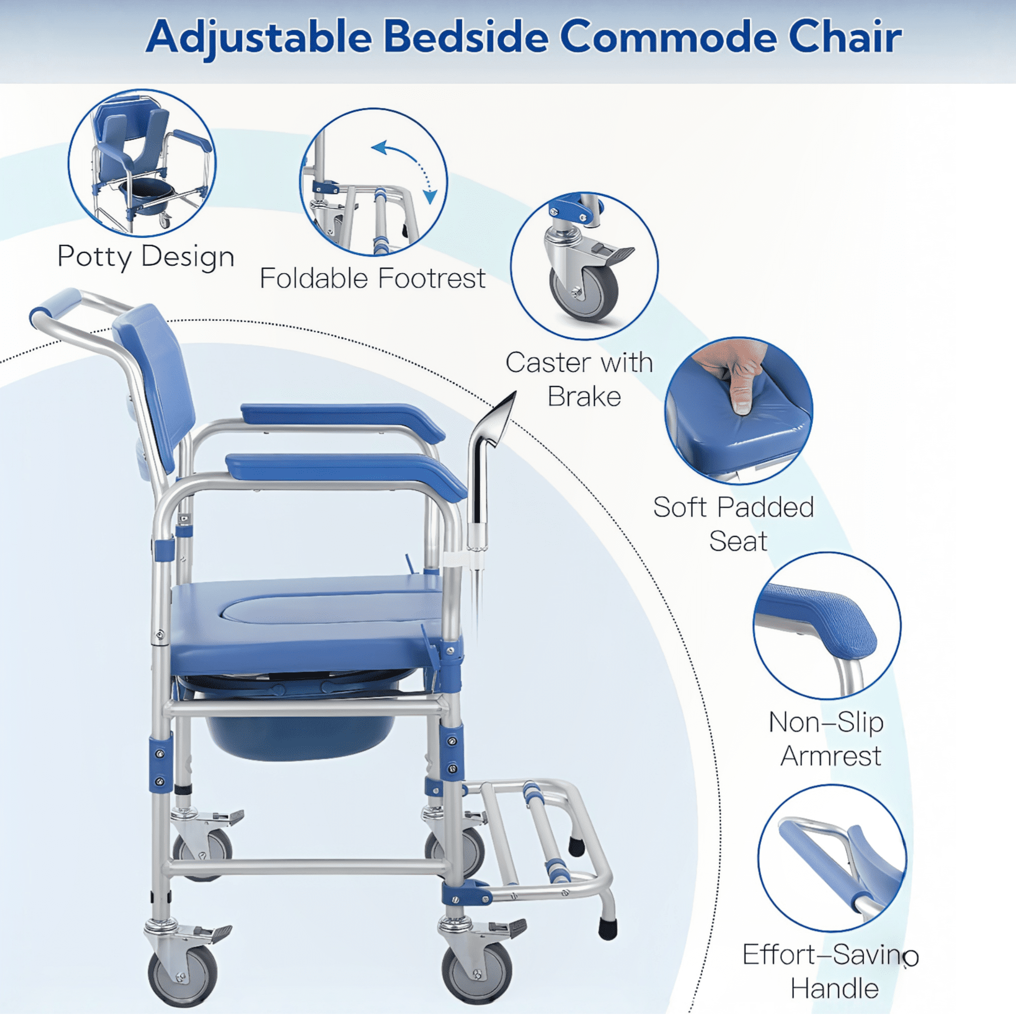Qunbio Rolling Shower Chair, 330 lbs Load Bedside Commode w/Casters and Padded Seat, Rolling Transport Chair Lockable Wheelchair Bedside Toilet Seat