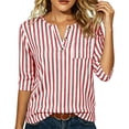 thumbnail image 4 of MaFYtyTPR Women's V-Neck Striped 3/4 Sleeve Tops Casual Relaxed Button Blouse for Spring Summer Daily Wear Red M, 4 of 6