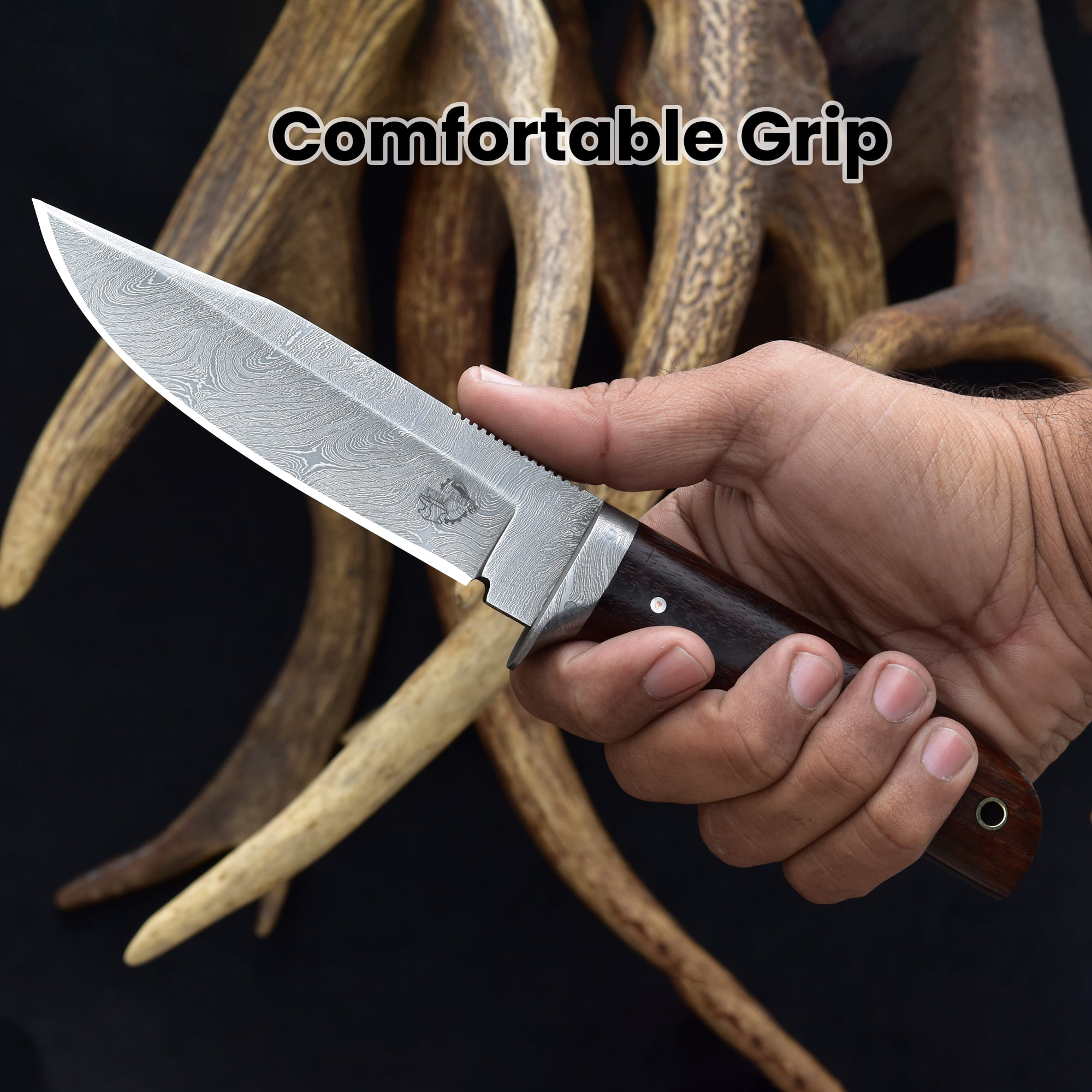 Knives Ranch 2151 Damascus Steel Hunting Knife with Rosewood Handle – Fixed Blade Utility Knife, Sharp Camping, Outdoor & Everyday Carry Knife