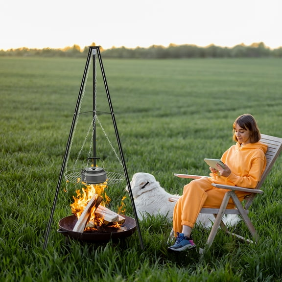 Black Adjustable Height Campfire Tripod Grill - Firepit Cooking Rack BBQ Grate for Cooking Over Fire