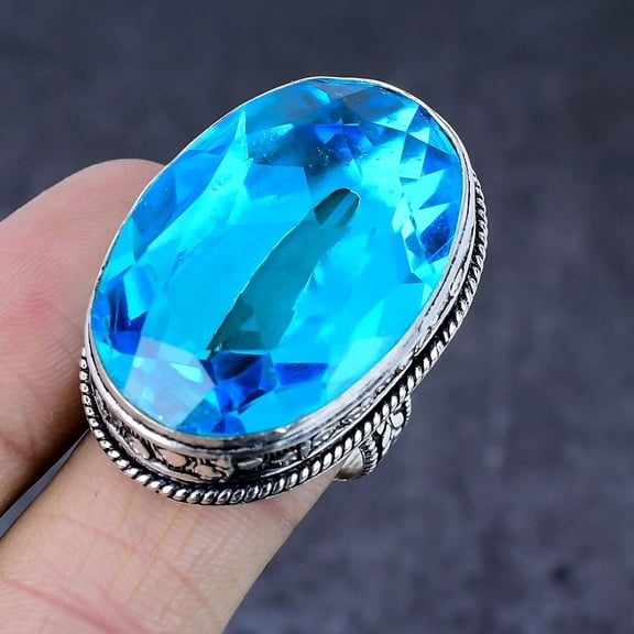 Natural Swiss Blue Topaz Gemstone Handmade 925 Steling Silver Ring Size 9