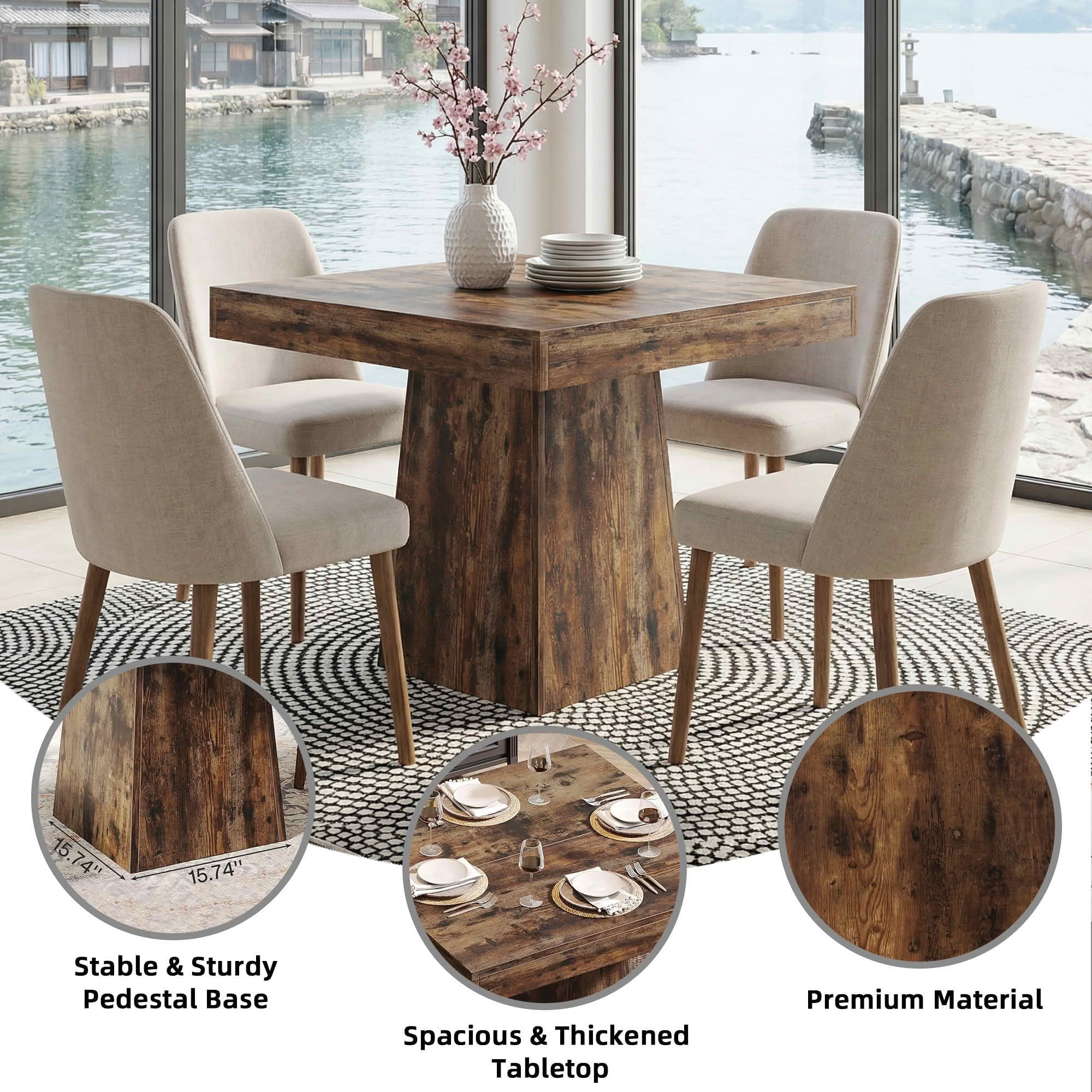 MAYEERTY 31.5 Inch Square Dining Table, Small Farmhouse Industrial Kitchen Dinner Table with Thick Tabletop and Pedestal Base for 4 People