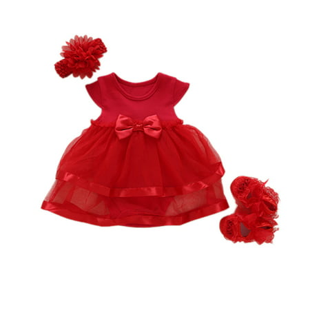 Baby Girls Infant Lace Party Wedding Dress Gown with Headband and Shoes Set Red short-sleeved lace dress + red shoes + red flower hair band 6M: Recommended 3-6