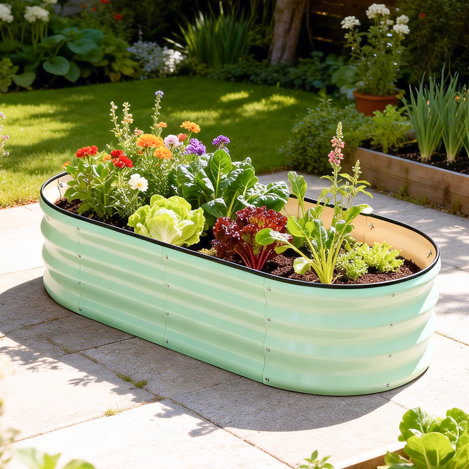Oval Metal Raised Garden Bed – Corrugated Planter Box for Vegetables/Flowers, Durable & Easy Assembly, Outdoor Patio/Lawn Gardening Container (Mint Green)