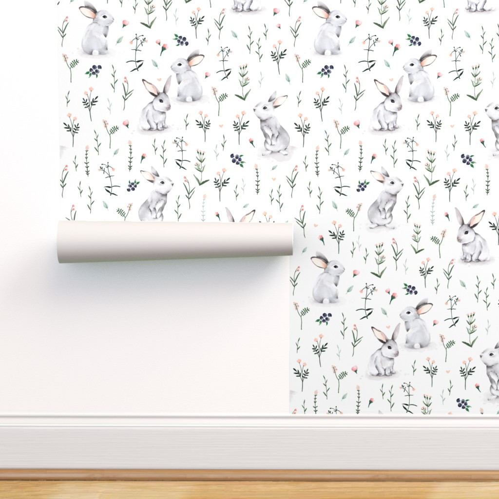 Peel & Stick Wallpaper 12ft x 2ft Bunnies Watercolor Rabbits Easter
