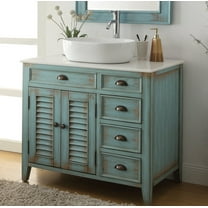 Benton Collection 36" Distressed Light Blue Vessel Sink Bathroom Vanity with White Marble Top